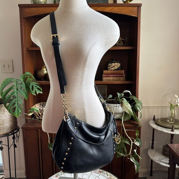 Michael Kors Black Pebbled Leather Studded Shoulder Bag 38H4YMDL2L Gold Hardware - Picture 13 of 15